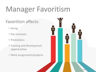 www.payscale.com
Manager Favoritism
Favoritism affects:
• Hiring
• Pay increases
• Promotions
• Training and Development
opportunities
• Work assignments/projects
 