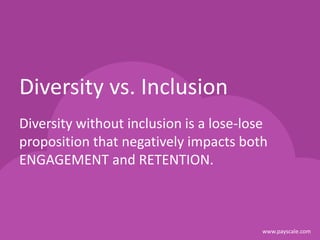 www.payscale.com
Diversity without inclusion is a lose-lose
proposition that negatively impacts both
ENGAGEMENT and RETENTION.
Diversity vs. Inclusion
 