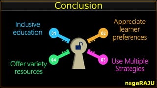 01 02
03
04
Appreciate
learner
preferences
Inclusive
education
Conclusion
nagaRAJU
Offer variety
resources
Use Multiple
Strategies
 