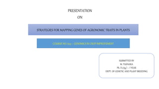 PRESENTATION
ON
STRATEGIES FOR MAPPING GENES OF AGRONOMIC TRAITS IN PLANTS
COURSE NO: 603 – GENOMICS IN CROP IMPROVEMENT
SUBMITTED BY
M. TUSHARA
Ph. D.(Ag.) – I YEAR
DEPT. OF GENETIC AND PLANT BREEDING
 