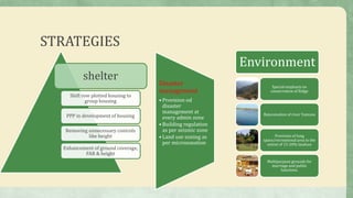 shelter
Shift row plotted housing to
group housing
PPP in development of housing
Removing unnecessary controls
like height
Enhancement of ground coverage,
FAR & height
Disaster
management
• Provision od
disaster
management at
every admin zone
• Building regulation
as per seismic zone
• Land use zoning as
per microzonation
Environment
Special emphasis on
conservation of Ridge
Rejuvenation of river Yamuna
Provision of lung
space/recreational area to the
extent of 15-20% landuse
Multipurpose grounds for
marriage and public
functions.
STRATEGIES
 