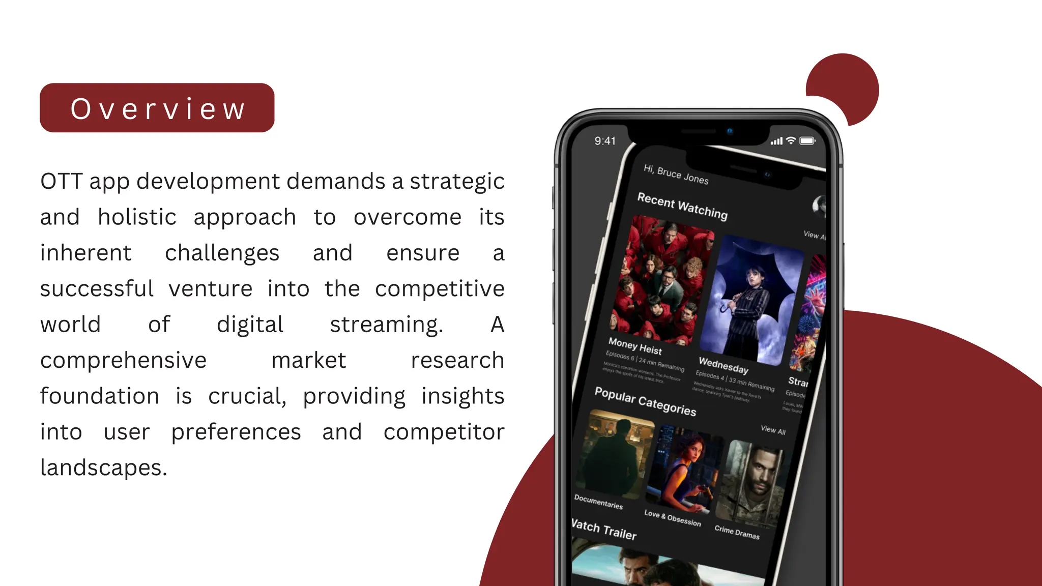 OTT app development demands a strategic
and holistic approach to overcome its
inherent challenges and ensure a
successful venture into the competitive
world of digital streaming. A
comprehensive market research
foundation is crucial, providing insights
into user preferences and competitor
landscapes.
O v e r v i e w