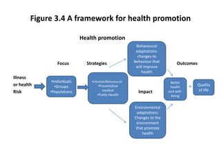 Figure 3.4 A framework for health promotion<br />				Health promotion<br />			Focus                Strategies             ...
