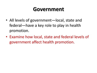 Government<br />All levels of government—local, state and federal—have a key role to play in health promotion.<br />Examin...