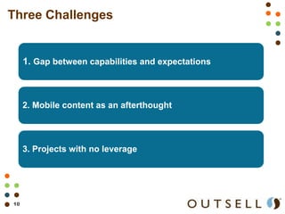 Three Challenges


     1. Gap between capabilities and expectations



     2. Mobile content as an afterthought




     3. Projects with no leverage




10                                              © 2011 Outsell, Inc. All rights reserved.
 