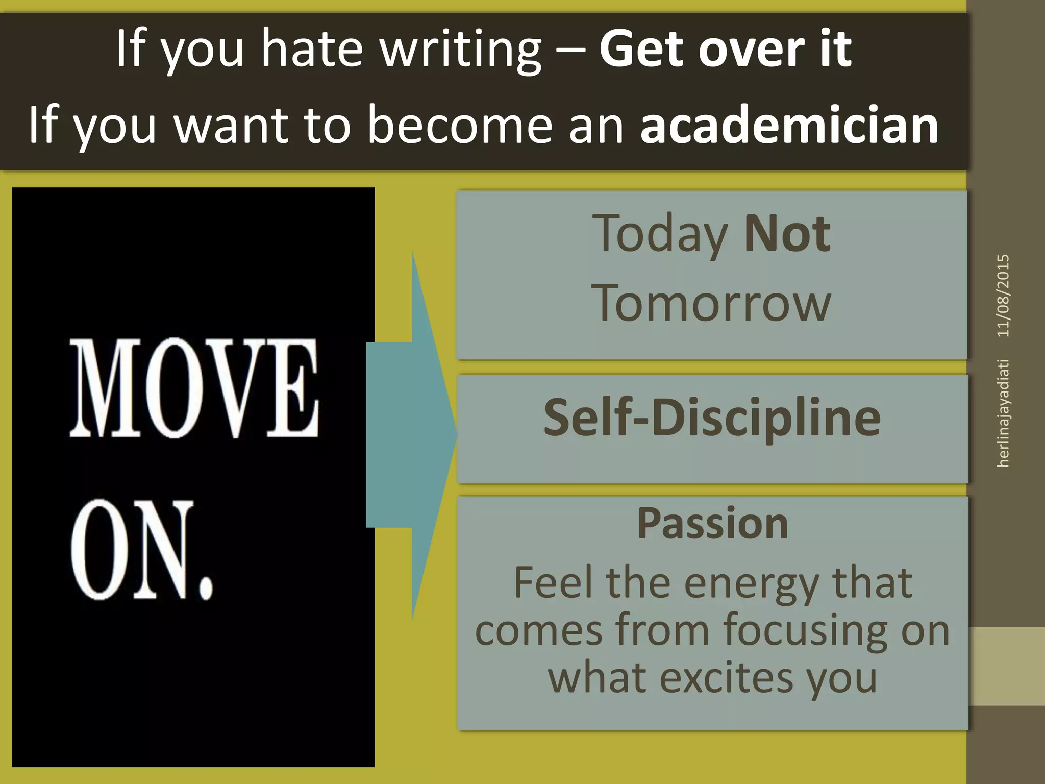 If you hate writing – Get over it
If you want to become an academician
Today Not
Tomorrow
Self-Discipline
Passion
Feel the energy that
comes from focusing on
what excites you
11/08/2015herlinajayadiati
 