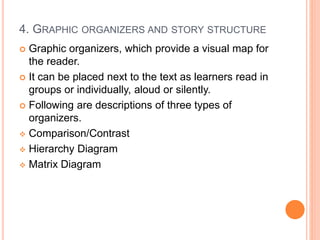 4. GRAPHIC ORGANIZERS AND STORY STRUCTURE
 Graphic organizers, which provide a visual map for
the reader.
 It can be placed next to the text as learners read in
groups or individually, aloud or silently.
 Following are descriptions of three types of
organizers.
 Comparison/Contrast
 Hierarchy Diagram
 Matrix Diagram
 