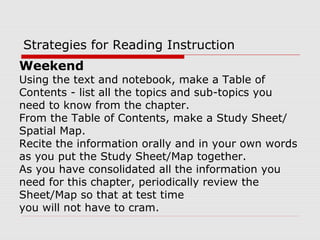 Weekend
Using the text and notebook, make a Table of
Contents - list all the topics and sub-topics you
need to know from the chapter.
From the Table of Contents, make a Study Sheet/
Spatial Map.
Recite the information orally and in your own words
as you put the Study Sheet/Map together.
As you have consolidated all the information you
need for this chapter, periodically review the
Sheet/Map so that at test time
you will not have to cram.
Strategies for Reading Instruction
 