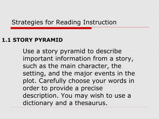Strategies for Reading Instruction
1.1 STORY PYRAMID
Use a story pyramid to describe
important information from a story,
such as the main character, the
setting, and the major events in the
plot. Carefully choose your words in
order to provide a precise
description. You may wish to use a
dictionary and a thesaurus.
 