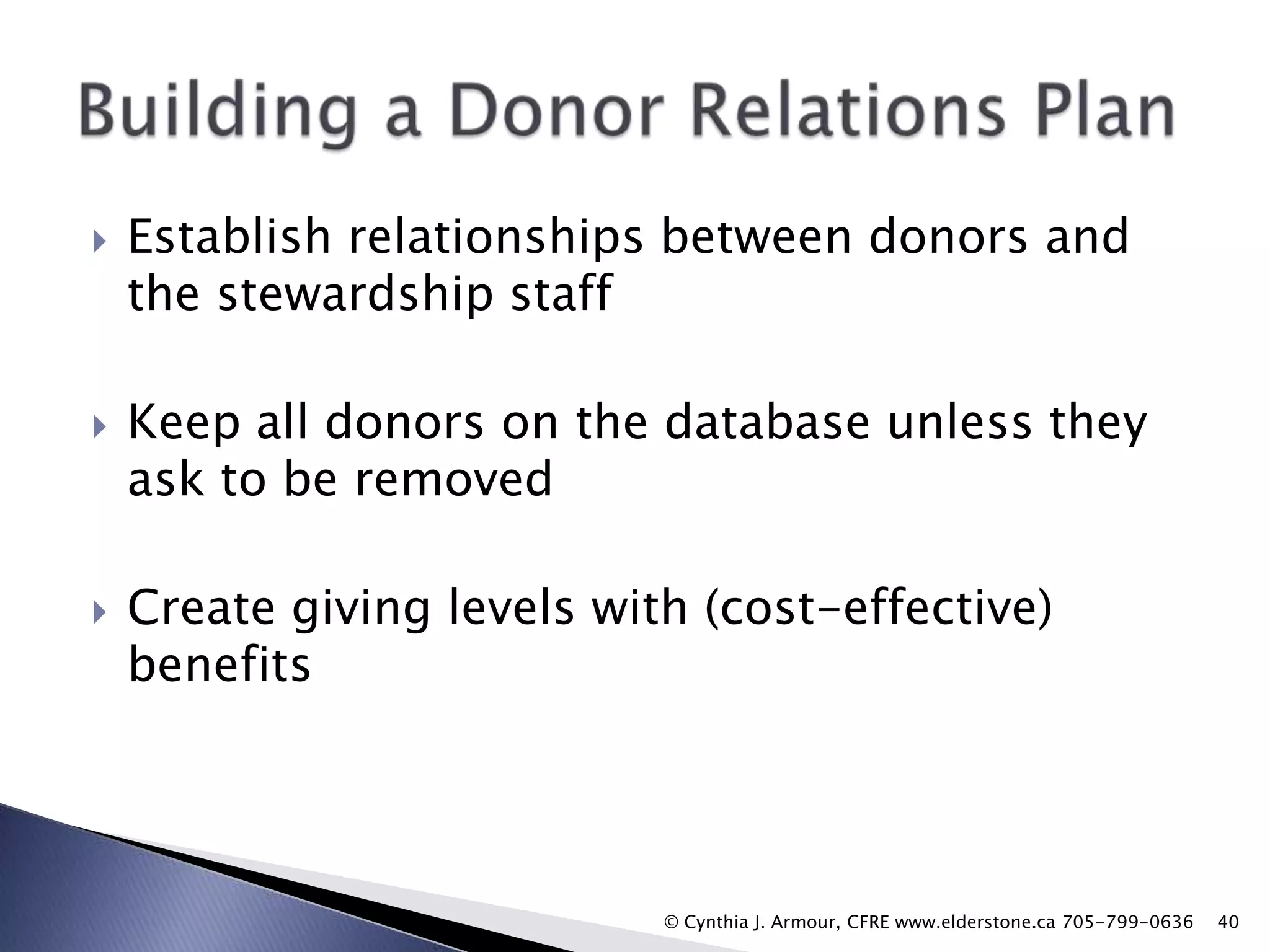 





Establish relationships between donors and
the stewardship staff
Keep all donors on the database unless they
ask to be removed
Create giving levels with (cost-effective)
benefits

© Cynthia J. Armour, CFRE www.elderstone.ca 705-799-0636

40

 