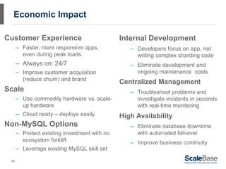 Economic Impact

Customer Experience                           Internal Development
      – Faster, more responsive apps,            – Developers focus on app, not
        even during peak loads                     writing complex sharding code
      – Always on: 24/7                          – Eliminate development and
      – Improve customer acquisition               ongoing maintenance costs
        (reduce churn) and brand
                                              Centralized Management
Scale                                            – Troubleshoot problems and
      – Use commodity hardware vs. scale-          investigate incidents in seconds
        up hardware                                with real-time monitoring
      – Cloud ready – deploys easily          High Availability
Non-MySQL Options                                – Eliminate database downtime
      – Protect existing investment with no        with automated fail-over
        ecosystem forklift                       – Improve business continuity
      – Leverage existing MySQL skill set

 40
 