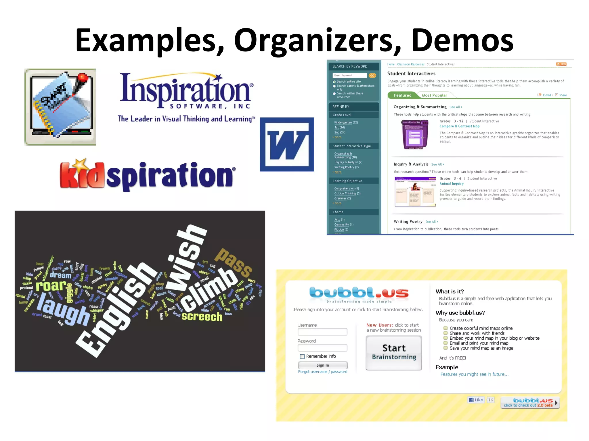 Examples, Organizers, Demos
 