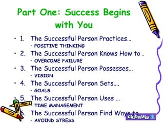 Part One: Success Begins with You 1. The Successful Person Practices… POSITIVE THINKING 2. The Successful Person Knows How to . OVERCOME FAILURE 3. The Successful Person Possesses… VISION 4. The Successful Person Sets…. GOALS 5. The Successful Person Uses … TIME MANAGEMENT 6. The Successful Person Find Ways to … AVOIND STRESS 