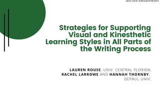 Strategies for Supporting
Visual and Kinesthetic
Learning Styles in All Parts of
the Writing Process
LAUREN ROUSE, UNIV. CENTRAL FLORIDA,
RACHEL LARROWE AND HANNAH THORNBY,
DEPAUL UNIV.
I W C A 2 0 1 9 |   # I W C A N C P T W 1 9 H 1 1
 