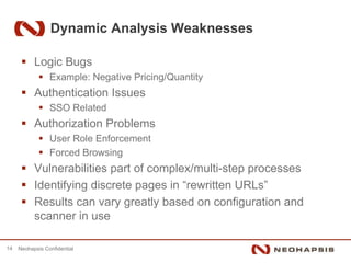 Dynamic Analysis Weaknesses

           Logic Bugs
                 Example: Negative Pricing/Quantity
           Authentication Issues
                 SSO Related
           Authorization Problems
                 User Role Enforcement
                 Forced Browsing
           Vulnerabilities part of complex/multi-step processes
           Identifying discrete pages in “rewritten URLs”
           Results can vary greatly based on configuration and
           scanner in use

14   Neohapsis Confidential
 