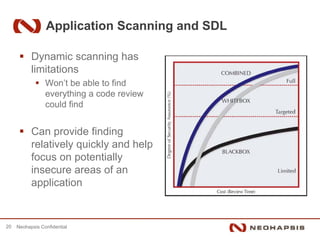 Application Scanning and SDL

           Dynamic scanning has
           limitations
                 Won’t be able to find
                 everything a code review
                 could find


           Can provide finding
           relatively quickly and help
           focus on potentially
           insecure areas of an
           application


20   Neohapsis Confidential
 