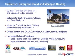 OpSource: Enterprise Cloud and Managed Hosting

• OpSource provides Enterprise Cloud
  and Managed Hosting Services

• Solutions for SaaS, Enterprise, Telecoms
  and Cloud Platforms

• Investors: Crosslink Ventures, Velocity                               Founded in 2002
  Interactive Group, Intel and NTT

• Offices: Santa Clara, CA (HQ); Herndon, VA; Dublin, London, Bangalore

• Unmatched Industry Experience
   – SaaS Hosting and Scaling Software-Oriented Architectures (SOA)
   – High Performance, Secure Cloud Computing




                           © 2010 OpSource, Inc. All rights reserved.
 