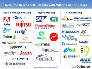 OpSource Serves 600+ Clients with Millions of End-Users

SaaS & Managed Hosting          Hybrid Hosting                        Cloud Hosting




                         © 2010 OpSource, Inc. All rights reserved.
 