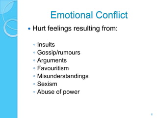 Emotional Conflict
   Hurt feelings resulting from:

    ◦   Insults
    ◦   Gossip/rumours
    ◦   Arguments
    ◦   Favouritism
    ◦   Misunderstandings
    ◦   Sexism
    ◦   Abuse of power


                                    8
 