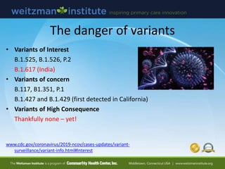 The danger of variants
• Variants of Interest
B.1.525, B.1.526, P.2
B.1.617 (India)
• Variants of concern
B.117, B1.351, P...