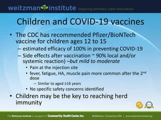 Children and COVID-19 vaccines
• The CDC has recommended Pfizer/BioNTech
vaccine for children ages 12 to 15
– estimated ef...