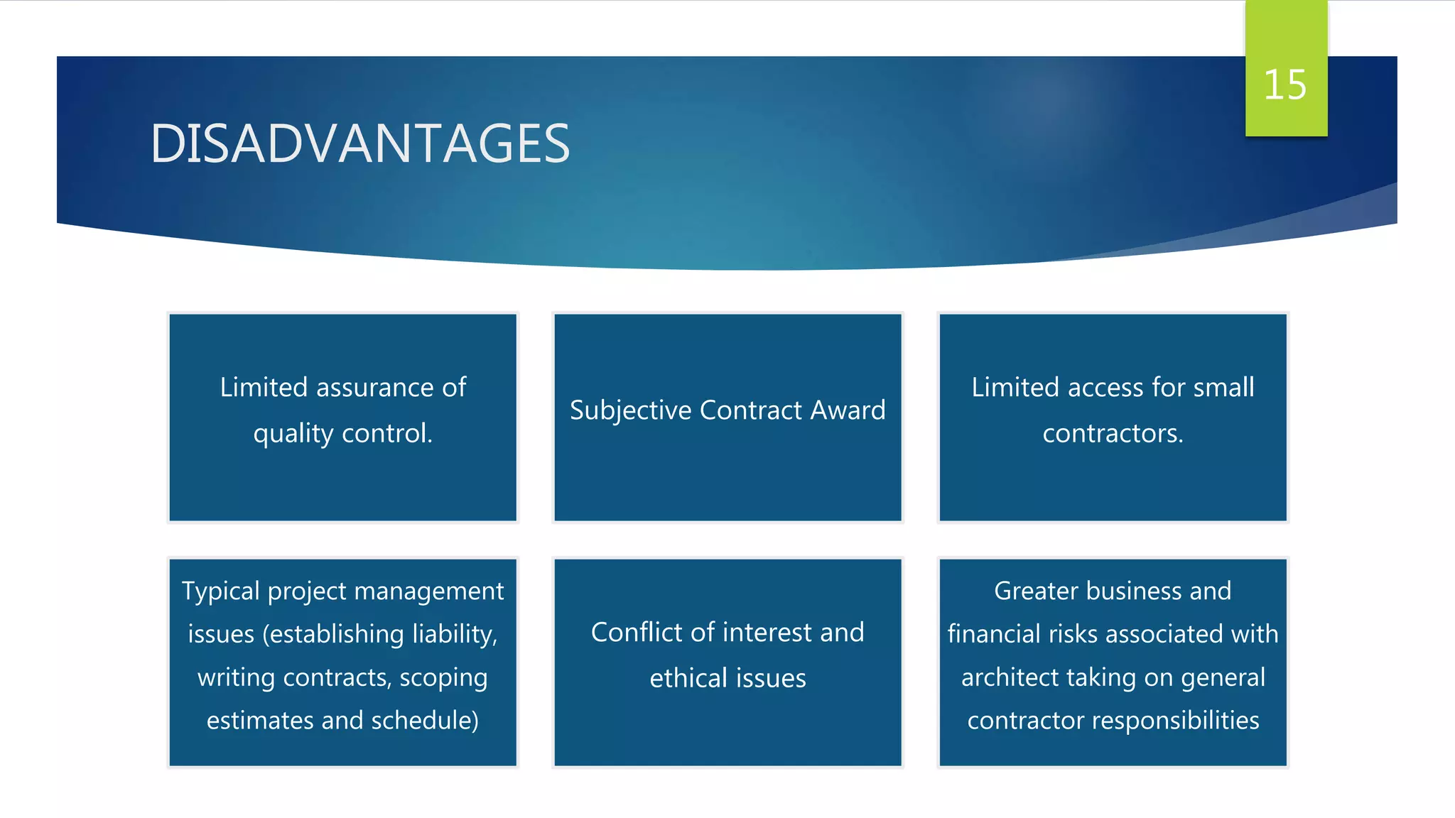 DISADVANTAGES
15
Limited assurance of
quality control.
Subjective Contract Award
Limited access for small
contractors.
Typical project management
issues (establishing liability,
writing contracts, scoping
estimates and schedule)
Conflict of interest and
ethical issues
Greater business and
financial risks associated with
architect taking on general
contractor responsibilities
 