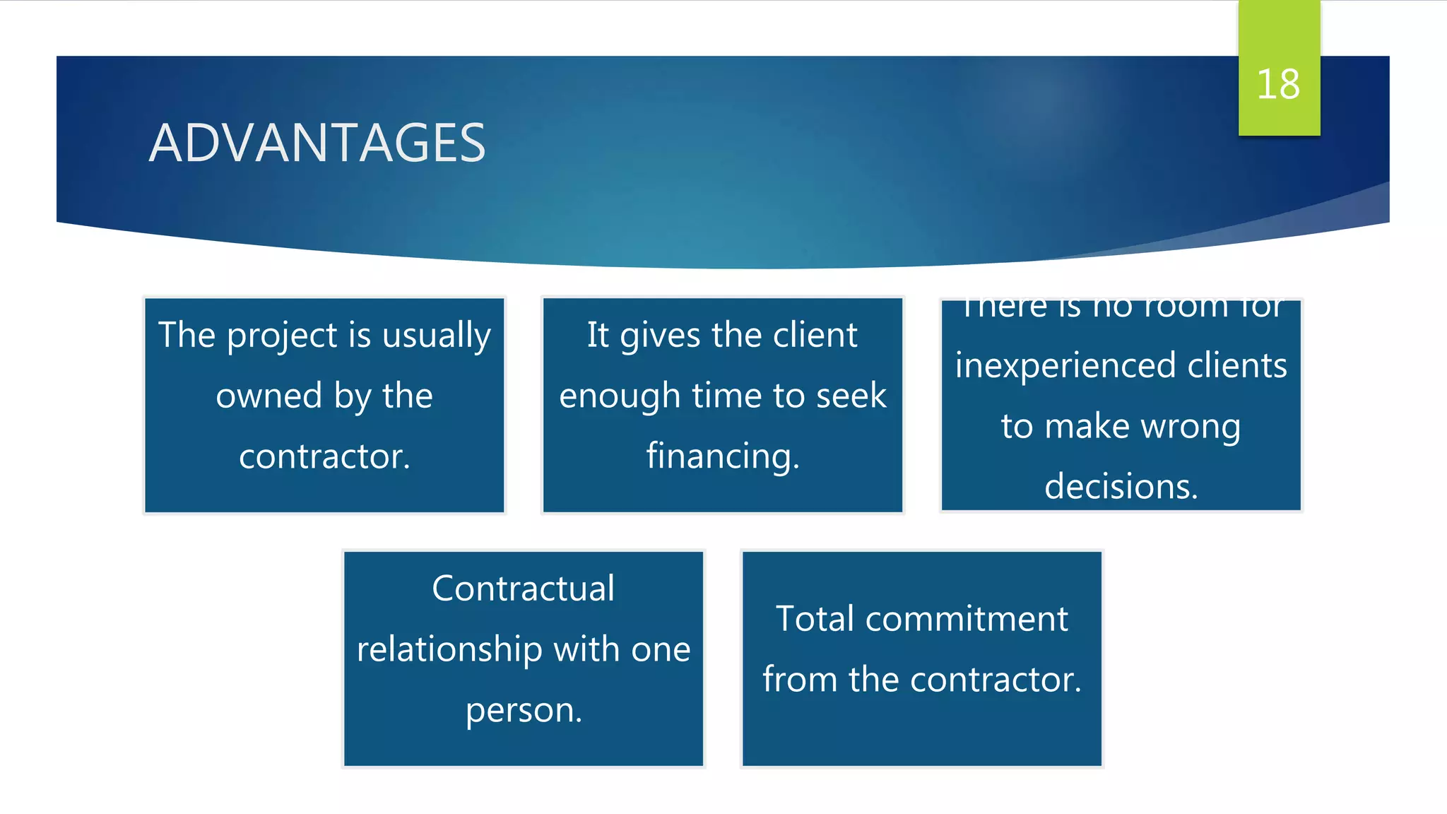 ADVANTAGES
18
The project is usually
owned by the
contractor.
It gives the client
enough time to seek
financing.
There is no room for
inexperienced clients
to make wrong
decisions.
Contractual
relationship with one
person.
Total commitment
from the contractor.
 