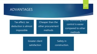 ADVANTAGES
23
Tax effect, tax
deduction is almost
impossible
Cheaper than the
other procurement
methods
Cost monitoring and
control is easier
compared to other
methods
Greater client
satisfaction
Safety in
construction.
 