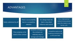 ADVANTAGES
9
Easily understood by all
There is accountability
due to a competitive
selection
It is design lead; the
client is has direct
influence and control.
It is a ‘tried and test’
method of procurement
which the market is very
familiar with.
Price certainty at the
award of the contract
Variations (changes) to
the contract are
relatively easy to
arrange and manage.
competitive equity as all
tendering contractors bid
on the same basis
 