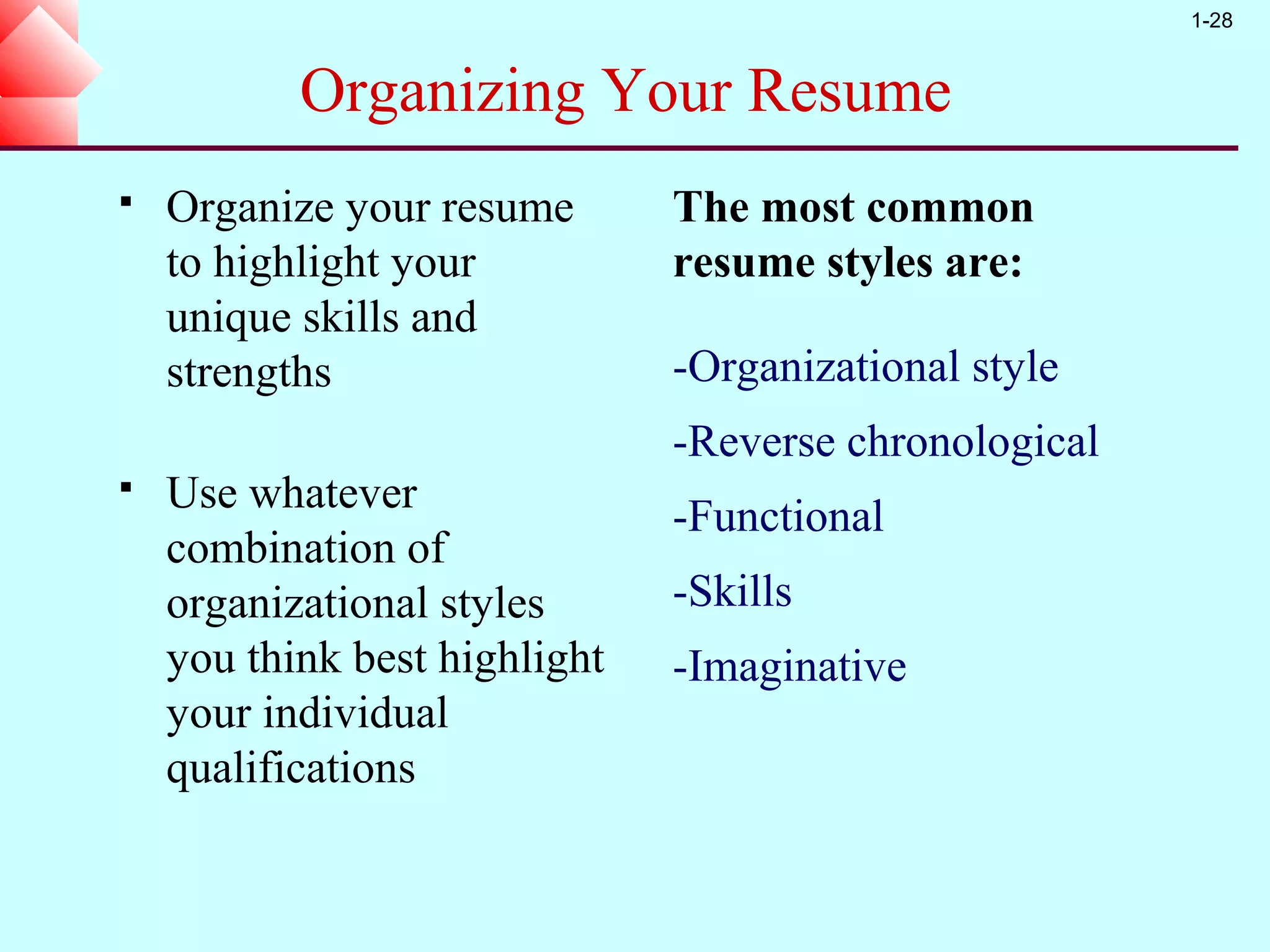 1-28


           Organizing Your Resume
   Organize your resume       The most common
    to highlight your          resume styles are:
    unique skills and
    strengths                  -Organizational style
                               -Reverse chronological
   Use whatever
                               -Functional
    combination of
    organizational styles      -Skills
    you think best highlight   -Imaginative
    your individual
    qualifications
 