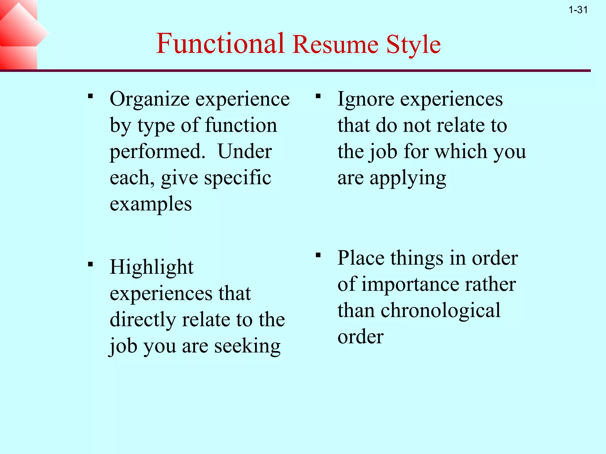 1-31


         Functional Resume Style
   Organize experience         Ignore experiences
    by type of function          that do not relate to
    performed. Under             the job for which you
    each, give specific          are applying
    examples

   Highlight
                                Place things in order
    experiences that             of importance rather
    directly relate to the       than chronological
    job you are seeking          order
 