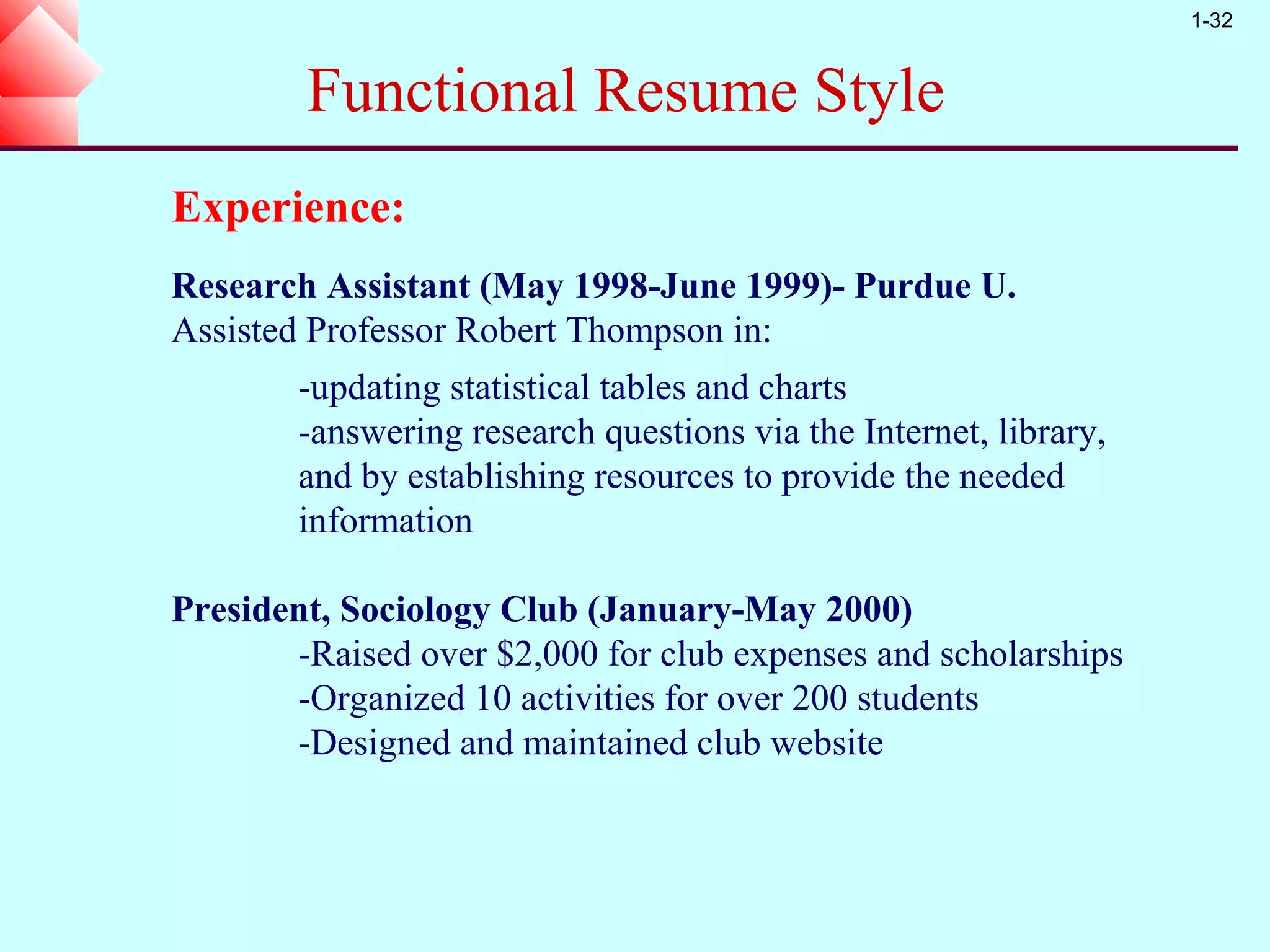 1-32


        Functional Resume Style
Experience:
Research Assistant (May 1998-June 1999)- Purdue U.
Assisted Professor Robert Thompson in:
        -updating statistical tables and charts
        -answering research questions via the Internet, library,
        and by establishing resources to provide the needed
        information

President, Sociology Club (January-May 2000)
       -Raised over $2,000 for club expenses and scholarships
       -Organized 10 activities for over 200 students
       -Designed and maintained club website
 