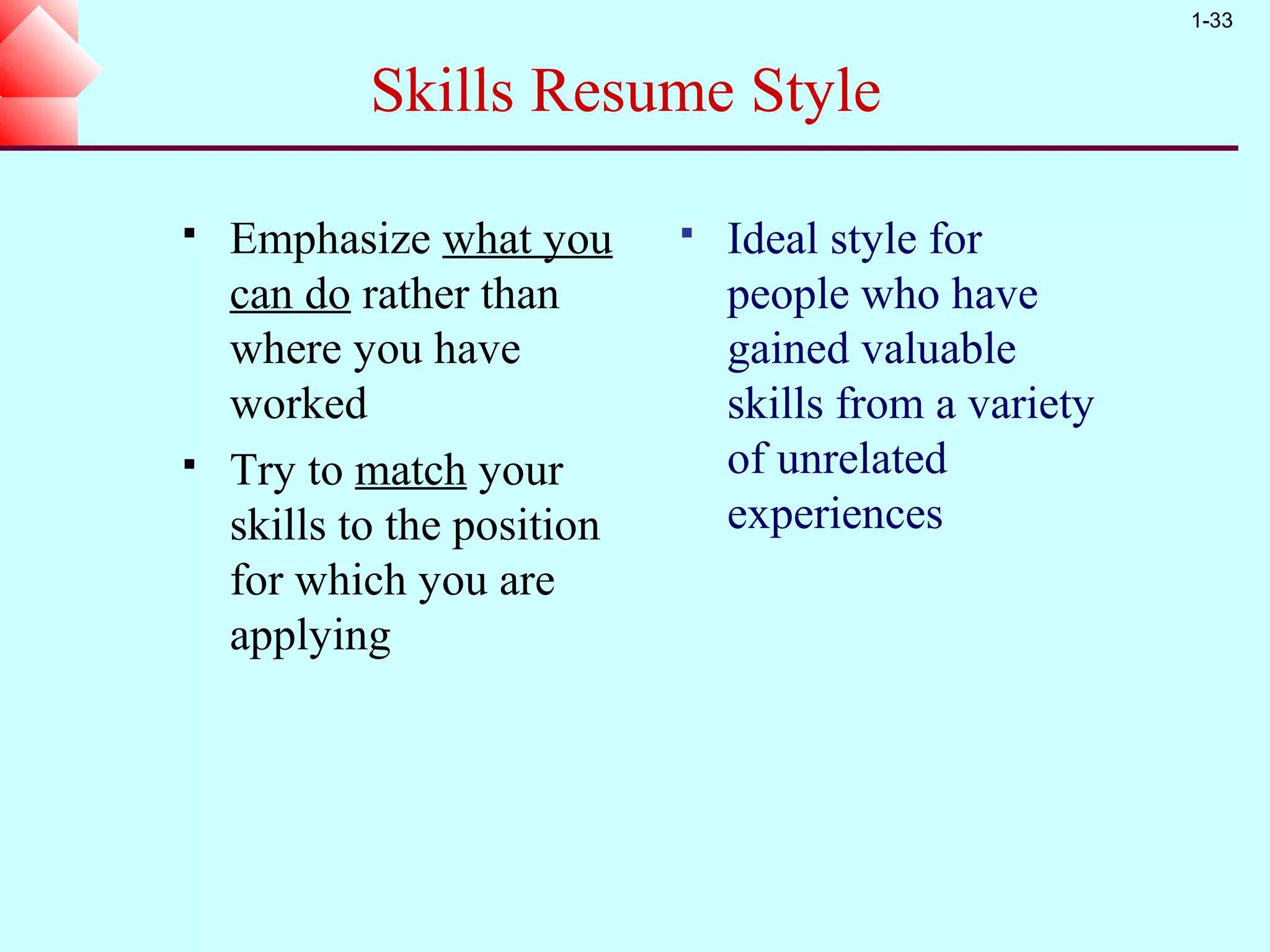 1-33


            Skills Resume Style

   Emphasize what you          Ideal style for
    can do rather than           people who have
    where you have               gained valuable
    worked                       skills from a variety
   Try to match your            of unrelated
    skills to the position       experiences
    for which you are
    applying
 