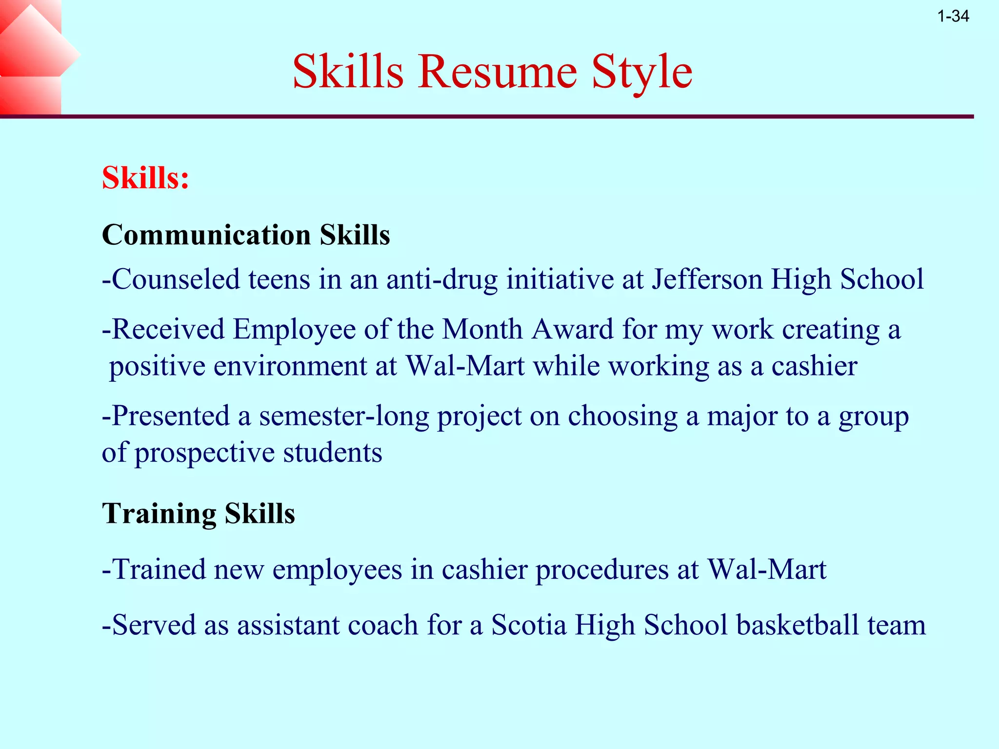 1-34


               Skills Resume Style

Skills:
Communication Skills
-Counseled teens in an anti-drug initiative at Jefferson High School
-Received Employee of the Month Award for my work creating a
 positive environment at Wal-Mart while working as a cashier
-Presented a semester-long project on choosing a major to a group
of prospective students

Training Skills
-Trained new employees in cashier procedures at Wal-Mart
-Served as assistant coach for a Scotia High School basketball team
 