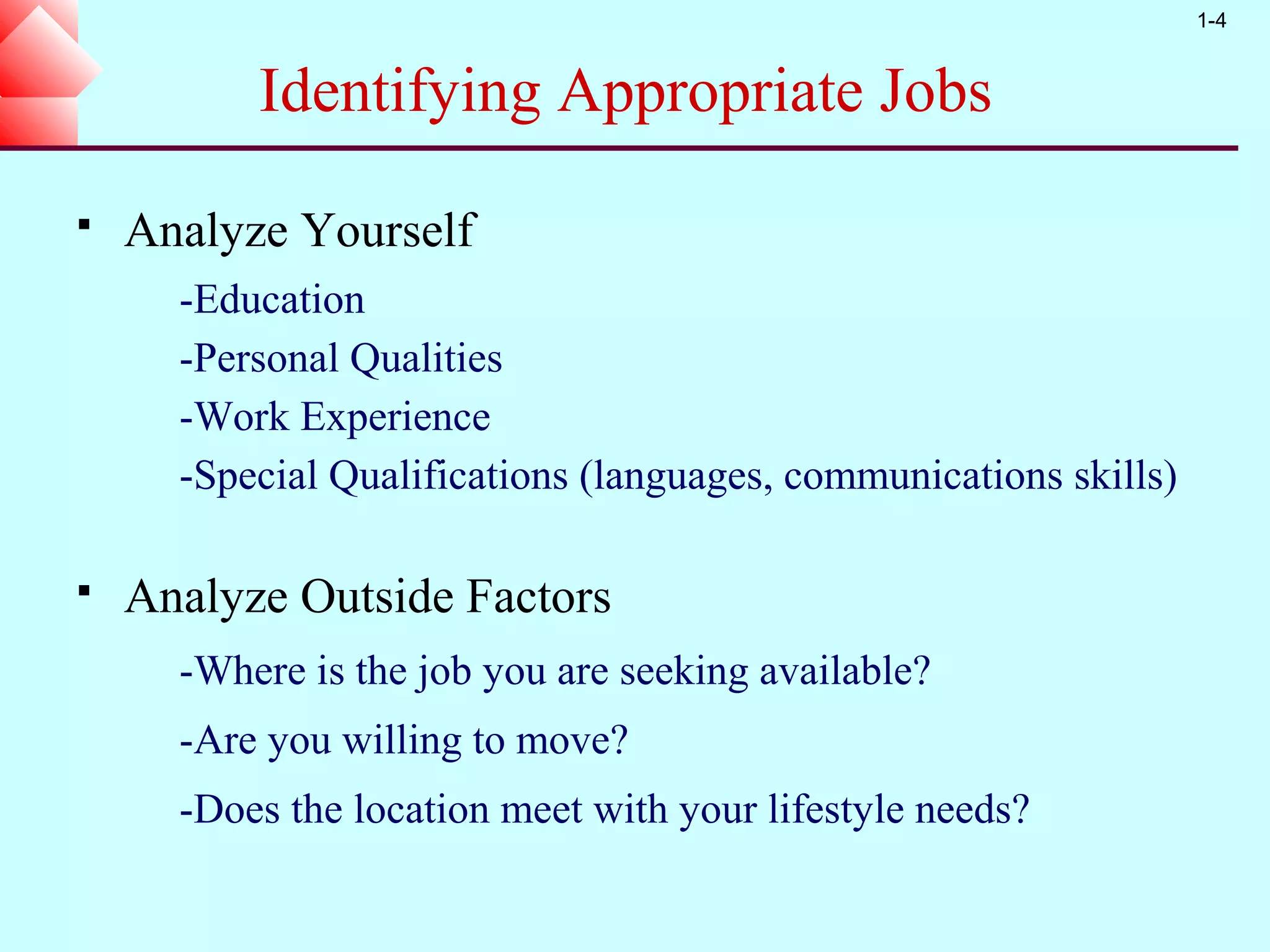 1-4


          Identifying Appropriate Jobs
   Analyze Yourself
      -Education
      -Personal Qualities
      -Work Experience
      -Special Qualifications (languages, communications skills)

   Analyze Outside Factors
      -Where is the job you are seeking available?
      -Are you willing to move?
      -Does the location meet with your lifestyle needs?
 