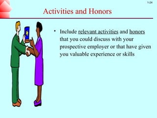 1-24


Activities and Honors

      Include relevant activities and honors
       that you could discuss with your
       prospective employer or that have given
       you valuable experience or skills
 