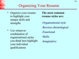1-28


           Organizing Your Resume
   Organize your resume       The most common
    to highlight your          resume styles are:
    unique skills and
    strengths                  -Organizational style
                               -Reverse chronological
   Use whatever
                               -Functional
    combination of
    organizational styles      -Skills
    you think best highlight   -Imaginative
    your individual
    qualifications
 