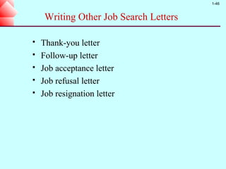 1-46



     Writing Other Job Search Letters

   Thank-you letter
   Follow-up letter
   Job acceptance letter
   Job refusal letter
   Job resignation letter
 