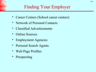 1-5


          Finding Your Employer
   Career Centers (School career centers)
   Network of Personal Contacts
   Classified Advertisements
   Online Sources
   Employment Agencies
   Personal Search Agents
   Web Page Profiles
   Prospecting
 