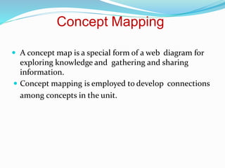 Concept Mapping
 A concept map is a special form of a web diagram for
exploring knowledge and gathering and sharing
information.
 Concept mapping is employed to develop connections
among concepts in the unit.
 