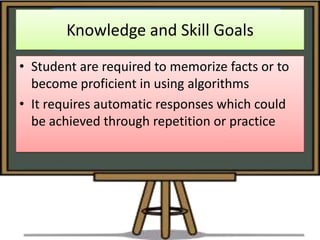 Knowledge and Skill Goals
• Student are required to memorize facts or to
  become proficient in using algorithms
• It requires automatic responses which could
  be achieved through repetition or practice
 