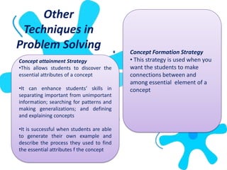 Other
 Techniques in
Problem Solving                            Concept Formation Strategy
Concept attainment Strategy                • This strategy is used when you
•This allows students to discover the      want the students to make
essential attributes of a concept          connections between and
                                           among essential element of a
•It can enhance students’ skills in        concept
separating important from unimportant
information; searching for patterns and
making generalizations; and defining
and explaining concepts

•It is successful when students are able
to generate their own example and
describe the process they used to find
the essential attributes f the concept
 