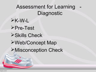Assessment for Learning -
           Diagnostic
K-W-L
Pre-Test
Skills Check
Web/Concept Map
Misconception Check
 