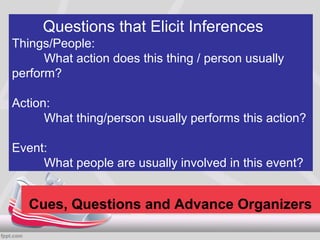 Questions that Elicit Inferences
Things/People:
      What action does this thing / person usually
perform?

Action:
      What thing/person usually performs this action?

Event:
     What people are usually involved in this event?


   Cues, Questions and Advance Organizers
 