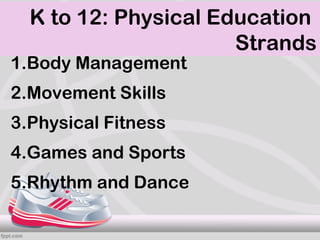 K to 12: Physical Education
                      Strands
1.Body Management
2.Movement Skills
3.Physical Fitness
4.Games and Sports
5.Rhythm and Dance
 