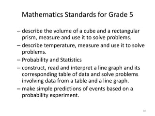 Mathematics Standards for Grade 5
– describe the volume of a cube and a rectangular
prism, measure and use it to solve problems.
– describe temperature, measure and use it to solve
problems.
– Probability and Statistics
– construct, read and interpret a line graph and its
corresponding table of data and solve problems
involving data from a table and a line graph.
– make simple predictions of events based on a
probability experiment.
10
 