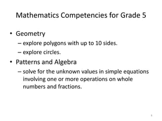 Mathematics Competencies for Grade 5
• Geometry
– explore polygons with up to 10 sides.
– explore circles.
• Patterns and Algebra
– solve for the unknown values in simple equations
involving one or more operations on whole
numbers and fractions.
8
 