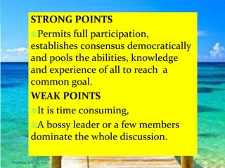 STRONG POINTS
Permits full participation,
establishes consensus democratically
and pools the abilities, knowledge
and experience of all to reach a
common goal.
WEAK POINTS
It is time consuming,
A bossy leader or a few members
dominate the whole discussion.
Thursday, July 06, 2017
 