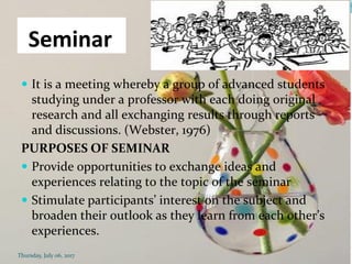 Seminar
 It is a meeting whereby a group of advanced students
studying under a professor with each doing original
research and all exchanging results through reports
and discussions. (Webster, 1976)
PURPOSES OF SEMINAR
 Provide opportunities to exchange ideas and
experiences relating to the topic of the seminar
 Stimulate participants’ interest on the subject and
broaden their outlook as they learn from each other’s
experiences.
Thursday, July 06, 2017
 