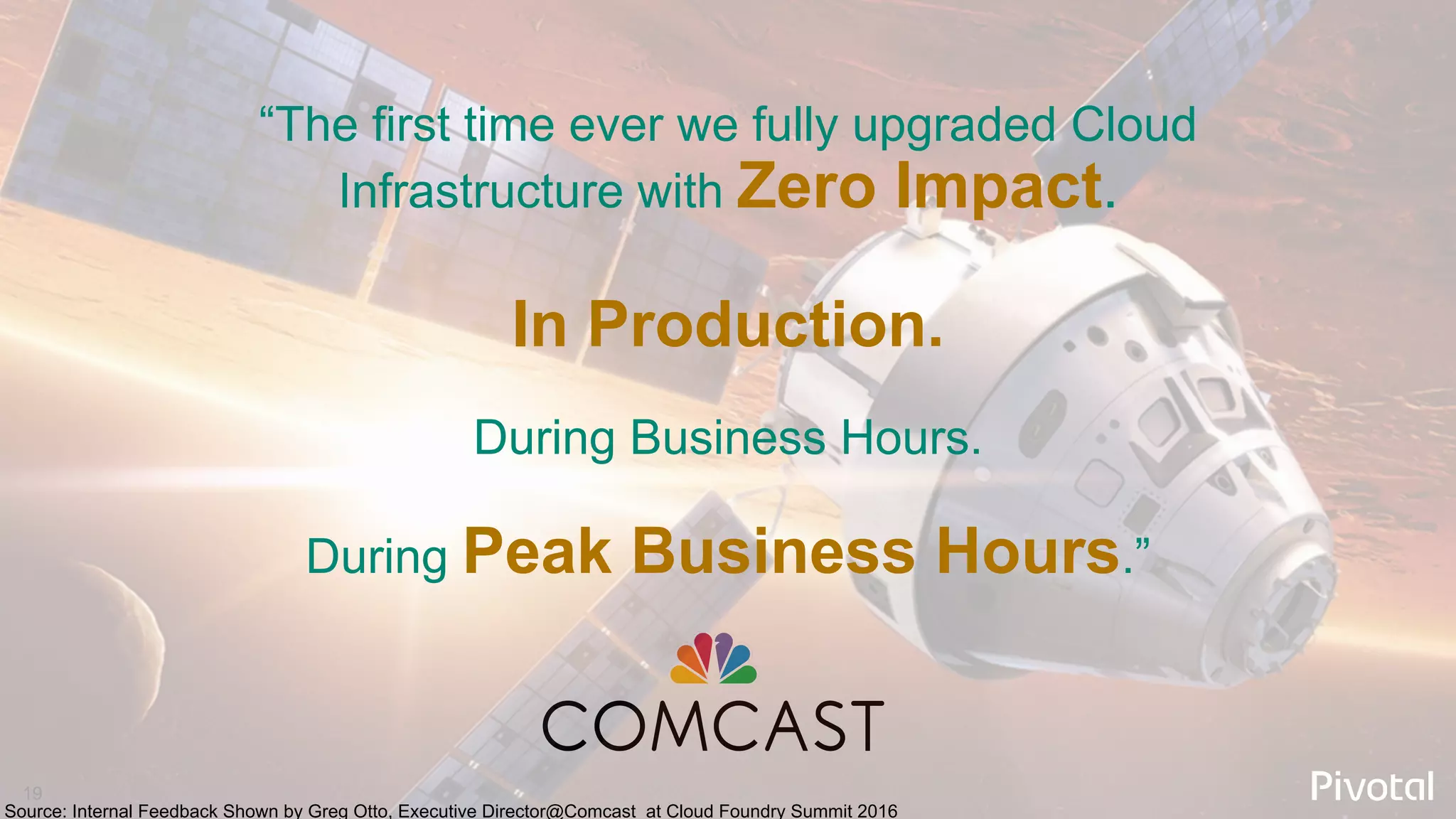 19
“The first time ever we fully upgraded Cloud
Infrastructure with Zero Impact.
In Production.
During Business Hours.
During Peak Business Hours.”
Source: Internal Feedback Shown by Greg Otto, Executive Director@Comcast at Cloud Foundry Summit 2016
 